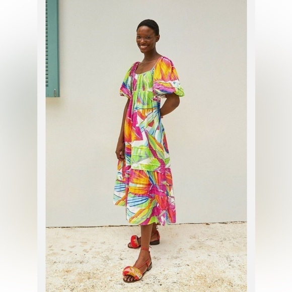 ANTHROPOLOGIE / FARM RIO Rainbow Leaves Open Back Midi Dress (M) - Picture 5 of 15